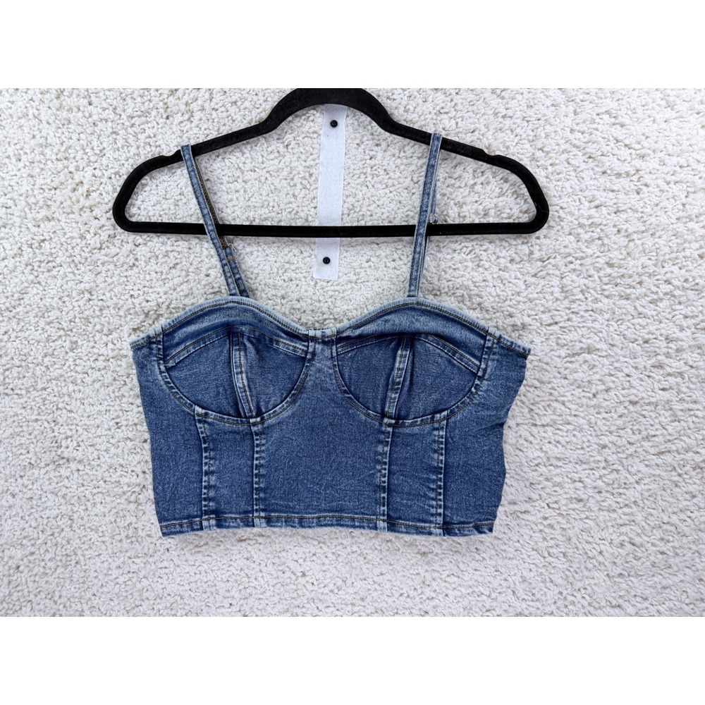 Thrill Jeans Denim Bustier Crop‎ Top Women Large Blue Smocked Back